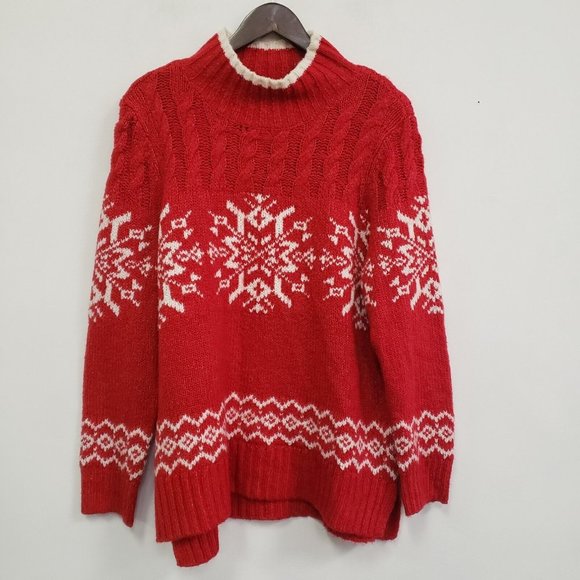 Talbots Sweaters - Talbots Womens Wool Blend Nordic Sweater Size L Red White Mock Neck Holiday Snow